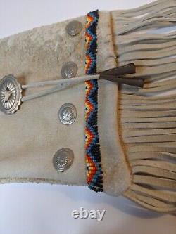 Vtg Native American Beaded Deerskin Fringe Bag Apache Metal Cone Fringe