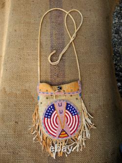 Vtg Native American Beaded Deerskin Fringe Medicine Bag, USA FLAG