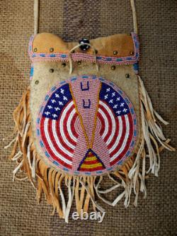 Vtg Native American Beaded Deerskin Fringe Medicine Bag, USA FLAG