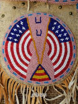 Vtg Native American Beaded Deerskin Fringe Medicine Bag, USA FLAG