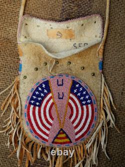 Vtg Native American Beaded Deerskin Fringe Medicine Bag, USA FLAG