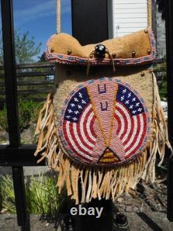 Vtg Native American Beaded Deerskin Fringe Medicine Bag, USA FLAG