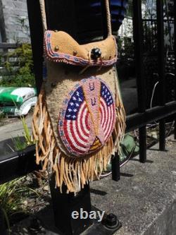 Vtg Native American Beaded Deerskin Fringe Medicine Bag, USA FLAG