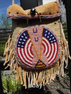 Vtg Native American Beaded Deerskin Fringe Medicine Bag, USA FLAG