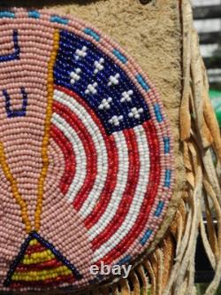 Vtg Native American Beaded Deerskin Fringe Medicine Bag, USA FLAG