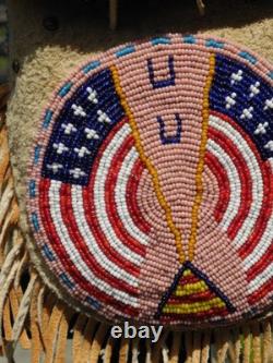 Vtg Native American Beaded Deerskin Fringe Medicine Bag, USA FLAG