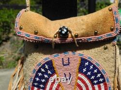 Vtg Native American Beaded Deerskin Fringe Medicine Bag, USA FLAG