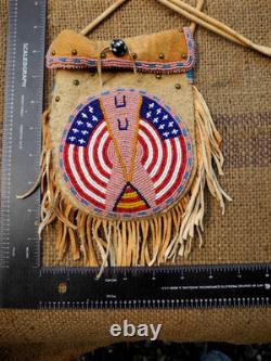 Vtg Native American Beaded Deerskin Fringe Medicine Bag, USA FLAG