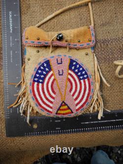 Vtg Native American Beaded Deerskin Fringe Medicine Bag, USA FLAG
