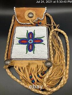 Vtg Native American Beaded Sterling Sliver Deerskin Fringe Medicine Bag Sioux