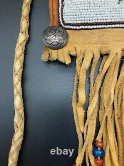 Vtg Native American Beaded Sterling Sliver Deerskin Fringe Medicine Bag Sioux