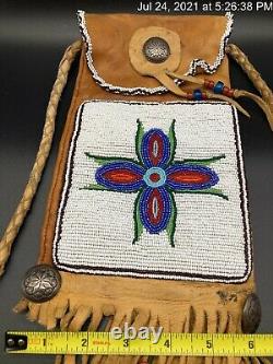 Vtg Native American Beaded Sterling Sliver Deerskin Fringe Medicine Bag Sioux