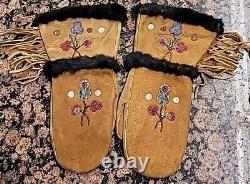 Vtg Native American Floral Beaded Leather Fringe Gauntlet Adult Mittens Gloves