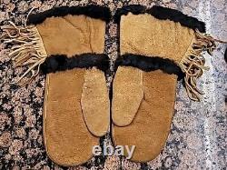 Vtg Native American Floral Beaded Leather Fringe Gauntlet Adult Mittens Gloves