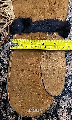 Vtg Native American Floral Beaded Leather Fringe Gauntlet Adult Mittens Gloves