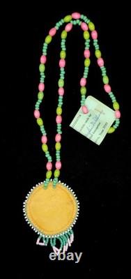 Vtg Native American Hand Beaded Flower Necklace with Original Tag Coushatta