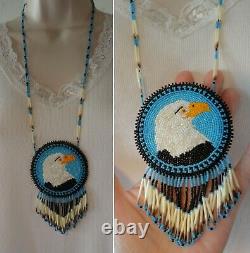 Vtg Native American Indian Beaded Bald Eagle Medallion Necklace Porcupine Quills