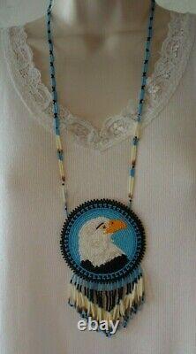 Vtg Native American Indian Beaded Bald Eagle Medallion Necklace Porcupine Quills