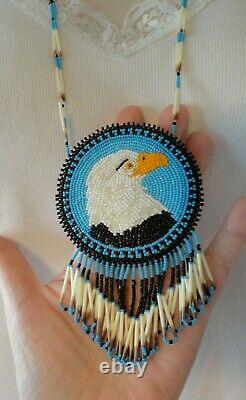 Vtg Native American Indian Beaded Bald Eagle Medallion Necklace Porcupine Quills