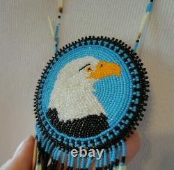 Vtg Native American Indian Beaded Bald Eagle Medallion Necklace Porcupine Quills