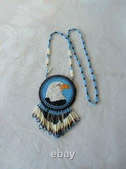 Vtg Native American Indian Beaded Bald Eagle Medallion Necklace Porcupine Quills