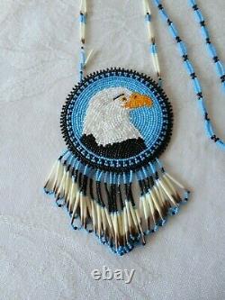 Vtg Native American Indian Beaded Bald Eagle Medallion Necklace Porcupine Quills