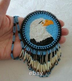 Vtg Native American Indian Beaded Bald Eagle Medallion Necklace Porcupine Quills