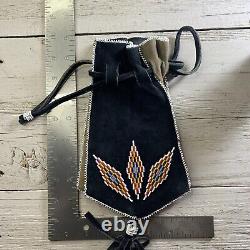 Vtg Native American leather BEADED BAG seed medicine purse Tassel-antique pouch