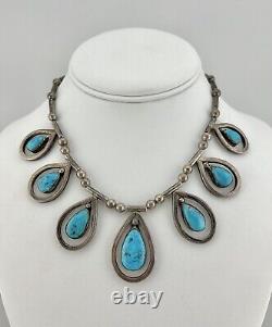 Vtg Navajo Sterling Silver Bisbee Turquoise Bench Bead Teardrop Collar Necklace