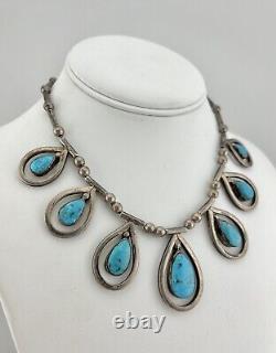 Vtg Navajo Sterling Silver Bisbee Turquoise Bench Bead Teardrop Collar Necklace