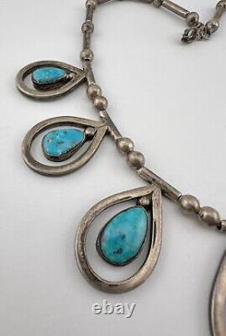 Vtg Navajo Sterling Silver Bisbee Turquoise Bench Bead Teardrop Collar Necklace