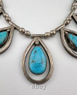 Vtg Navajo Sterling Silver Bisbee Turquoise Bench Bead Teardrop Collar Necklace