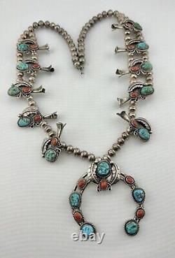 Vtg Navajo Sterling Silver Turquoise & Coral Squash Blossom Necklace 27 131g