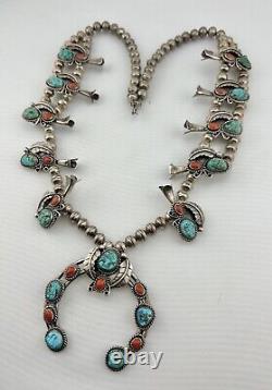 Vtg Navajo Sterling Silver Turquoise & Coral Squash Blossom Necklace 27 131g