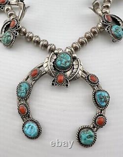 Vtg Navajo Sterling Silver Turquoise & Coral Squash Blossom Necklace 27 131g