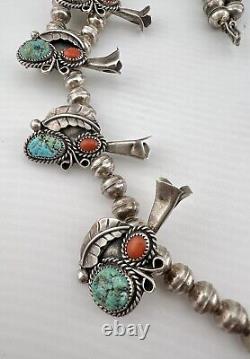 Vtg Navajo Sterling Silver Turquoise & Coral Squash Blossom Necklace 27 131g