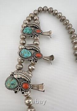 Vtg Navajo Sterling Silver Turquoise & Coral Squash Blossom Necklace 27 131g