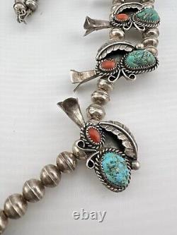 Vtg Navajo Sterling Silver Turquoise & Coral Squash Blossom Necklace 27 131g