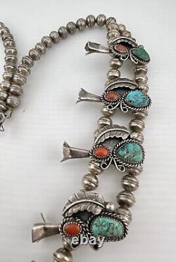 Vtg Navajo Sterling Silver Turquoise & Coral Squash Blossom Necklace 27 131g