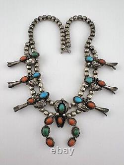 Vtg Navajo Sterling Silver Turquoise & Red Coral Squash Blossom Necklace 16.5