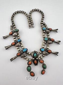 Vtg Navajo Sterling Silver Turquoise & Red Coral Squash Blossom Necklace 16.5