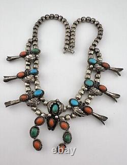 Vtg Navajo Sterling Silver Turquoise & Red Coral Squash Blossom Necklace 16.5