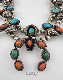 Vtg Navajo Sterling Silver Turquoise & Red Coral Squash Blossom Necklace 16.5