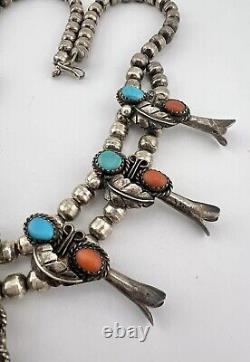 Vtg Navajo Sterling Silver Turquoise & Red Coral Squash Blossom Necklace 16.5