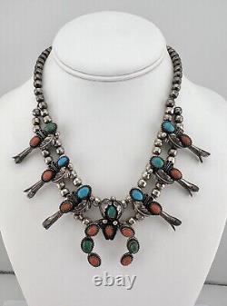 Vtg Navajo Sterling Silver Turquoise & Red Coral Squash Blossom Necklace 16.5