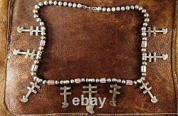 Vtg St Silver Necklace Navajo Pueblo Crosses withChevron Trade Beads