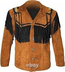 Western Cowboy American Real Brown Suede Leather Jacket with Fringe and Beads