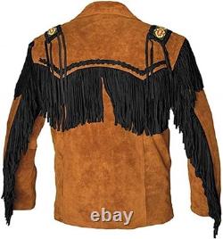 Western Cowboy American Real Brown Suede Leather Jacket with Fringe and Beads