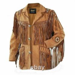 Western Cowboy Jacket Suede Leather Fringe Bone Beads Native American Style