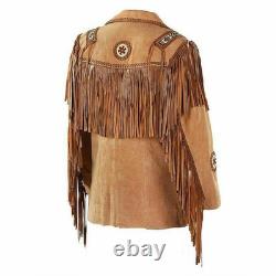Western Cowboy Jacket Suede Leather Fringe Bone Beads Native American Style